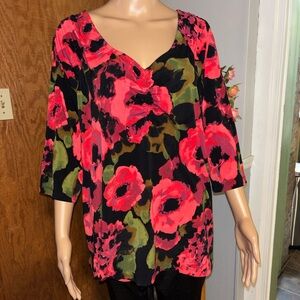 Lane Bryant Black Pink Floral 3/4 Sleeve V-Neck Top 18/20